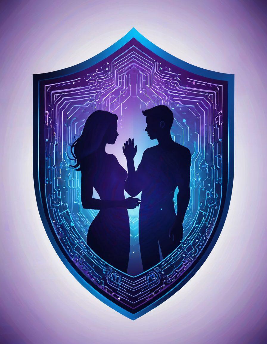 A sleek digital shield symbolizing protection, featuring elements of adult content like a silhouette of a couple in an embrace, surrounded by abstract symbols of technology like circuits and data streams. The background should evoke a sense of the online world with binary code hints and secure locks, radiating a sense of safety and trust. The color palette should use bold, modern hues like deep blues and purples. vector art. vibrant colors. 3D.