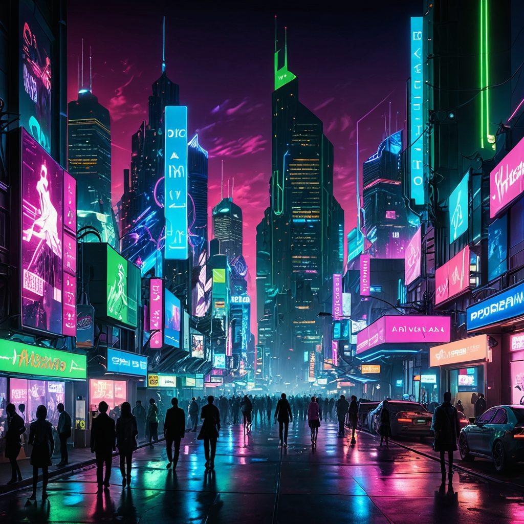 A futuristic city skyline at night, illuminated with neon lights, showcasing diverse figures engaging in animated discussions about adult entertainment and insurance. Include elements like holograms of explicit content and insurance documents floating in the air, symbolizing the fusion of technology and adult services. The atmosphere should convey a sense of openness and innovation. cyberpunk. vibrant colors. dramatic lighting.